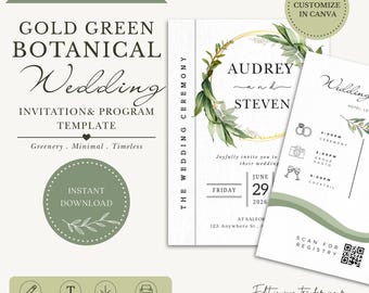 Bearbeitbare Hochzeitseinladung für die botanische Grünzeit, Goldrahmen einladen, moderne minimale Hochzeitsreihe, QR-Code-Hochzeitsprogrammvorlage