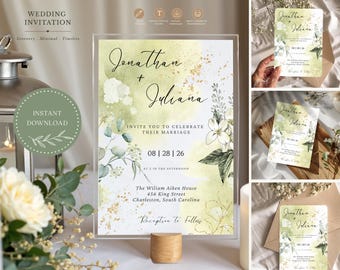 Bearbeitbare Hochzeitseinladungsvorlage, salbeigrüne florale Hochzeitseinladung, Aquarell-Einladung mit botanischen Motiven, Sofort-Download, Canva-Vorlage
