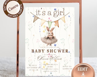 Boho Kaninchen-Baby-Dusche-Einladung, Blumen Kaninchen-Mädchen-Dusche einladen, neutrale Pastell Baby-Dusche einladen Printable (DIGITAL DOWNLOAD)