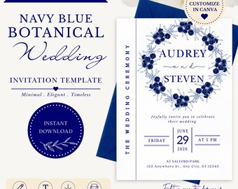 Bearbeitbare Hochzeitseinladungsvorlage Marineblauer Blumenkranz, minimale elegante einladen, sofortiger Download Canva Hochzeit einladen