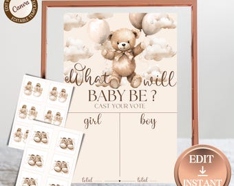 Bearbeitbare Teddy Gender Reveal Baby Shower Voting Sign TEMPLATE, was wird Baby sein Vote Poster Er oder Sie erraten die Gender-Vorlage