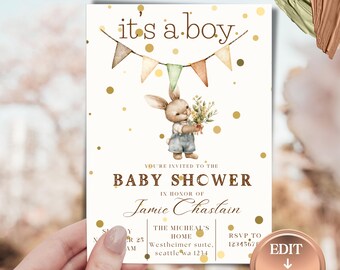 Bearbeitbare neutrale Häschen-Babypartyeinladung, rustikale Boho-Baby-Jungen-Einladung, Waldkaninchen-Babypartykarte, niedliche Tierparty-Einladung