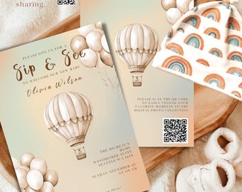 Bearbeitbare Sip and See Babypartyeinladung mit QR-Code, neutrale Boho-Babyeinladung, Heißluftballon-Digitalfoto-Uploadkarte