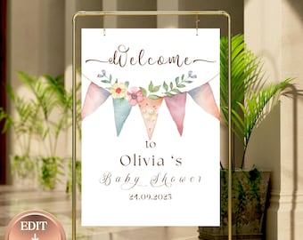 Bearbeitbares Aquarell Cute Baby Shower Willkommensschild Vorlage, druckbares Willkommen Poster, Babyparty Beschilderung, Jungen Mädchen Dusche