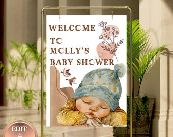Boho Baby Shower Gender Neutral Willkommensschild VORLAGE, bearbeitbare Canva Vorlage Dusche Willkommensschild, Herbst-Babyparty-Ideen, Baby Junge / Mädchen