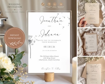 Hochzeitseinladungsvorlage mit Löwenzahnmotiv, Wildblumen-Hochzeitseinladung, bearbeitbare Canva-Vorlage, minimalistische botanische Einladung, sofortiger Download