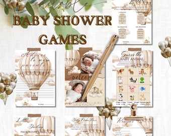 Neutral Boho-Babyparty-Spiele-Bundle, bearbeitbares Babyparty-Spielset, Beige Ballon Heißluftballon-Thema, druckbares Duschparty-Paket