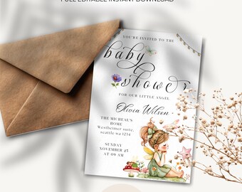 Bearbeitbare Fee-Babypartyeinladung Mädchen, Schmetterling, Blumeneinladung, Babypartykarte, Canva-Vorlage, sofortiger Download