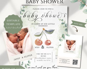 Bearbeitbare Zwillings-Babypartyeinladung mit Foto & QR-Code, Kirschthema Zwillings-Babypartyeinladung, neutrale Boho-Babypartyeinladung (Digital)