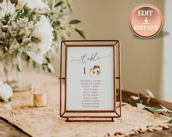 Vorlage für Tischnummernkarten zur Hochzeit, bearbeitbare Tischschilder für den Empfang, druckbare Sitzplatzkarten, minimalistische Hochzeitsdekoration, sofortiger Download