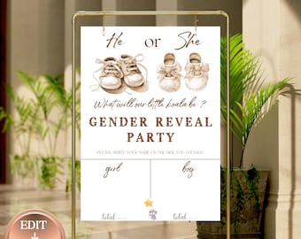 Bearbeitbare Teddy Gender Reveal Baby Shower Voting Sign TEMPLATE, was wird Baby sein Vote Poster Er oder Sie erraten die Gender-Vorlage