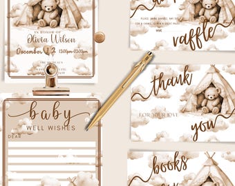 Boho Teddybär-Babyparty-Set-Vorlage, Einladungs-Windel-Gewinnspielkarte-Bücher für Baby-Danke-Karten VORLAGE, Babyparty-Einsatz