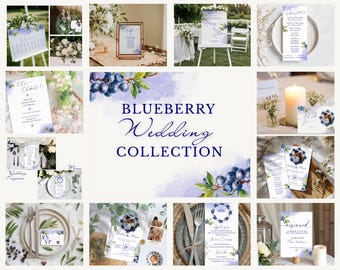 Bearbeitbares Blaubeer-Hochzeitseinladungspaket, passende große Hochzeitssammlung, Aquarell blaue Blumenhochzeitsreihe, Canva-Vorlage