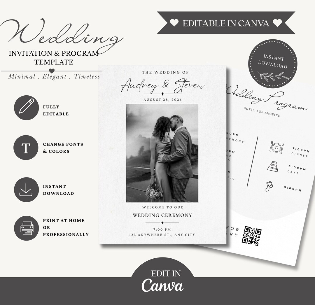 Photo Wedding Invitation and Wedding Program Template, Editable Canva ...
