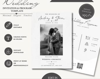 Foto Hochzeitseinladung und Hochzeitprogramm Vorlage, bearbeitbare Canva Einladung, minimale moderne Hochzeitseinladung mit QR Code, Sofort Download