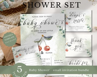Twin Babypartyeinladungsset mit QR-Code, Cherry Babypartyeinladungspaket, bearbeitbare Boho Neutral Zwillinge einladen (digital)