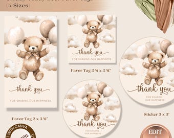 Bären Geschenkanhänger Babyparty Vorlage, Bären Ballons Geschenkanhänger, Baby Geschenkanhänger, Dankeschön Geschenkanhänger, Dankeschön Anhänger und Aufkleber