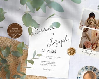 Minimalistische Hochzeitseinladungsvorlage | Moderne schwarz weiß bearbeitbare Einladung | Sofort Download