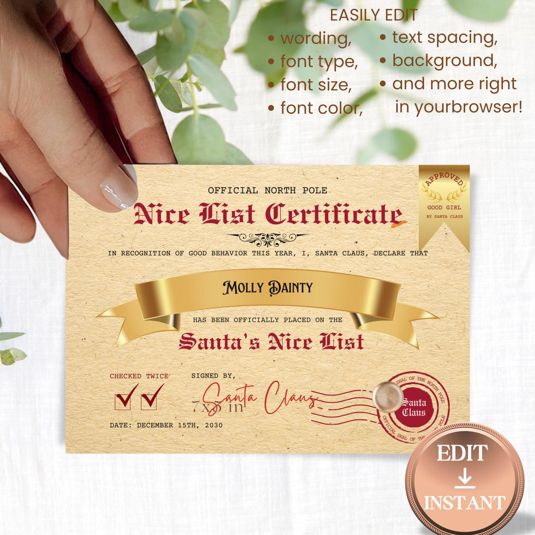 Editable Santa Claus Nice List Certificate From North Pole TEMPLATE ...
