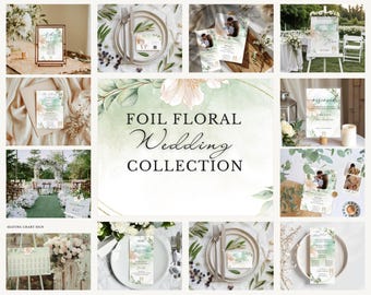 Bearbeitbares Salbeigrün-Hochzeitsbündel, Goldfolien-Blumenhochzeitskollektion, Eukalyptus-Hochzeitseinladungspaket, Hochzeitsschilder- und Kartenvorlage