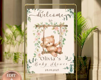 Bearbeitbare Blumen-Babyparty-Willkommensschild-Vorlage, druckbares Willkommensposter, Babyparty-Beschilderung, Jungen-Mädchen-Dusche, geschlechtsneutrales Zeichen