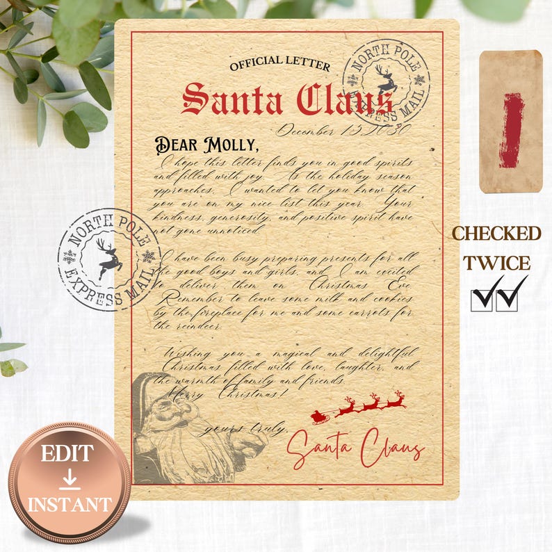 Editable Letter From Santa TEMPLATE, Christmas Eve Letter, North Pole ...