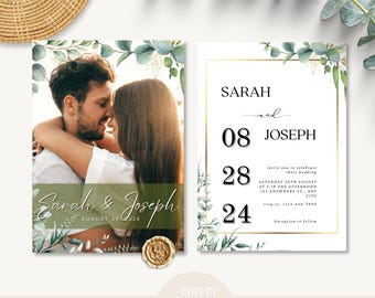 Foto Hochzeitseinladungsvorlage, moderne minimalistische Einladung, bearbeitbare Canva Hochzeitseinladung, botanische grün beige Hochzeitskarte