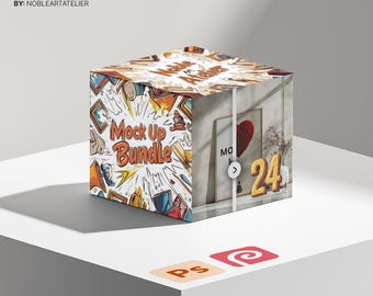 May include: A colorful box with the text "Mock Up Bundle" and a number "24" on the side. The box is sitting on a white surface with a red and white "Ps" logo and a red and white "P" logo.