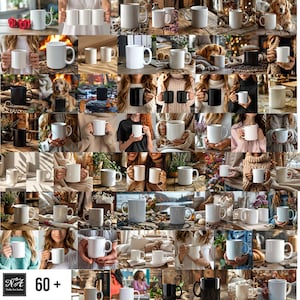 May include: A collage of 60+ images featuring various mugs in different colors and designs. The mugs are displayed in a variety of settings, including indoor and outdoor scenes. Some mugs are empty, while others are filled with beverages. The collage is a great way to showcase the different styles and uses of mugs.