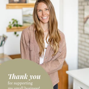 May include: A woman smiles and looks directly at the camera. She is wearing a light brown jacket and has long blonde hair. The text "Thank you for supporting my small business! - Alyssa Gammelgaard, Minneapolis-based artist" is on a light green circle.