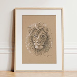 May include: A black and white pencil drawing of a lion's head with a detailed mane. The lion is looking directly at the viewer with a serious expression.