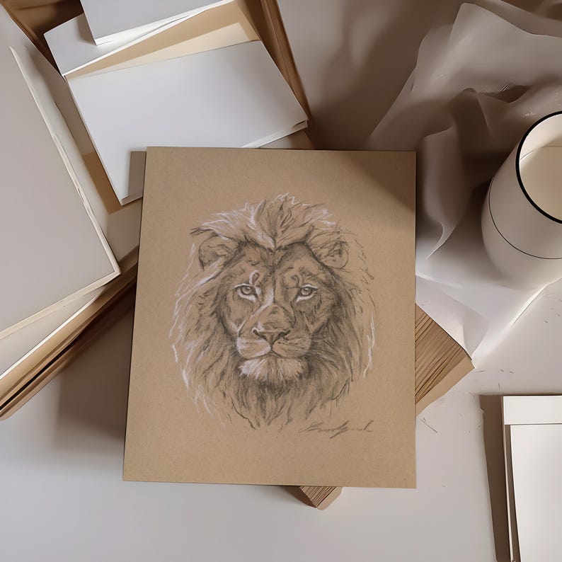 May include: A pencil drawing of a lion's head on a brown paper background. The lion has a thick mane and is looking directly at the viewer.