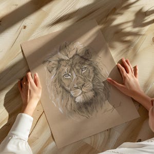 May include: A black and white pencil drawing of a lion's head on a brown paper background. The lion has a thick mane and a serious expression.