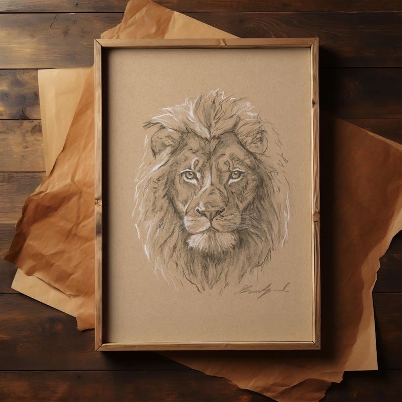 May include: A black and white pencil drawing of a lion's head with a detailed mane. The drawing is framed in a natural wood frame and is on a brown paper background.