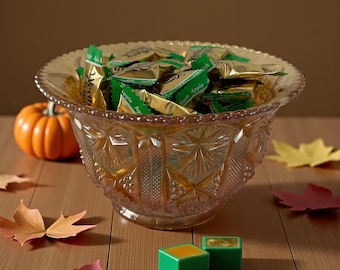 Vintage Marigold Carnival Glass Bowl – Iridescent Amber Pressed Glass Starburst Pattern