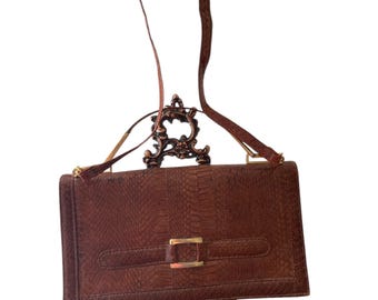 Vintage Brown Snakeskin Clutch Purse – 11″ × 6″ Convertible Shoulder Bag with Suede Lining