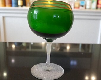 Vintage Green Glass Candle | Unscented Candle in Gold Rim Goblet | Reusable Glass Candle Holder | Mid Century Decor Gift