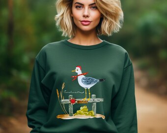 Sudadera navideña personalizada con diseño de gaviota: Regalo ideal para familias con aves costeras.