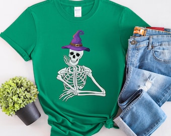 Skeleton with Purple Hat T-shirt - Funny Halloween Tee