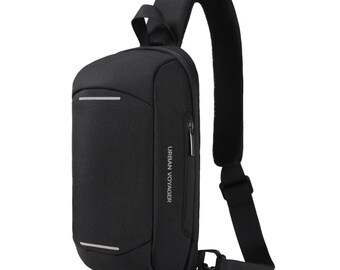 Schwarzer Sling-Rucksack, Umhängetasche, Schultertasche, Messenger-Tasche, Diebstahlschutz, USB-Anschluss