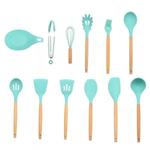 12 Pack Set Kitchen Utensils Silicone Nonstick Cooking Spoon Baking Tools Wooden image 3