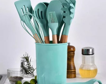 Lot de 12 ustensiles de cuisine en silicone avec cuillères antiadhésives, outils de cuisson en bois