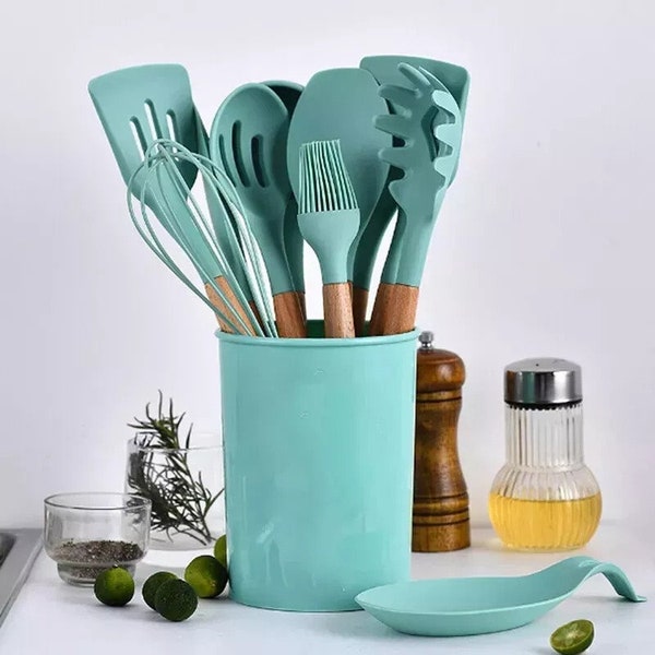 12 Pack Set Kitchen Utensils Silicone Nonstick Cooking Spoon Baking Tools Wooden
