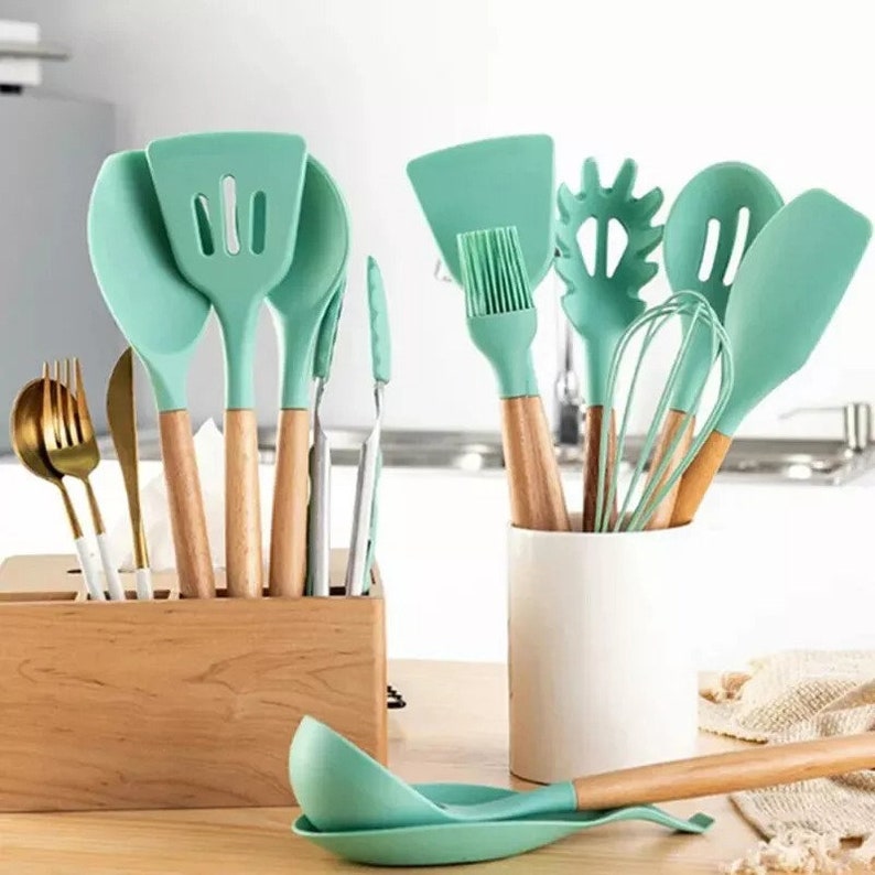 Lot de 12 ustensiles de cuisine en silicone avec cuillères antiadhésives, outils de cuisson en bois image 4