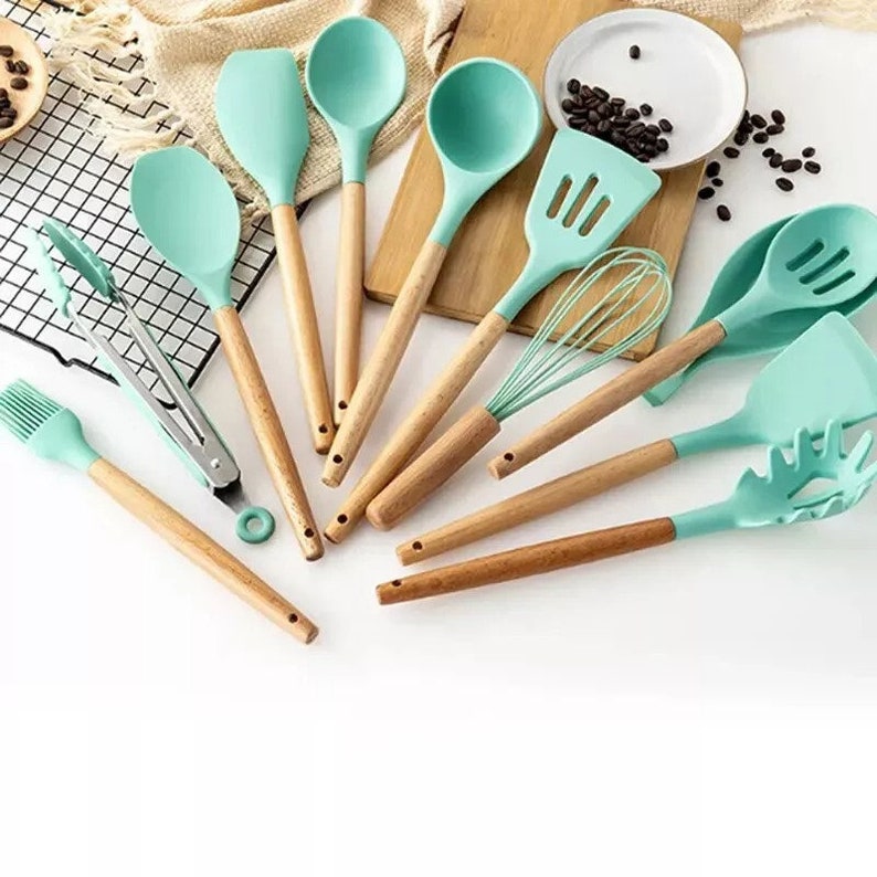 12 Pack Set Kitchen Utensils Silicone Nonstick Cooking Spoon Baking Tools Wooden image 2