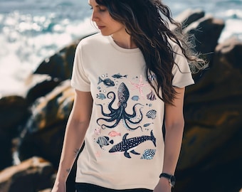 Sea creatures illustration, maritime design T-shirt made of cotton unisex with print on the front, ocean, whales, fish