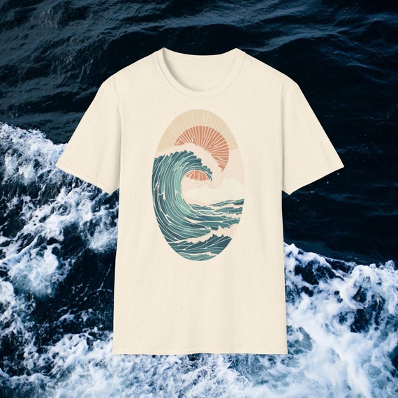 Boho Sea, Waves and Sun, Illustration, Vintage Inspired Cotton T 