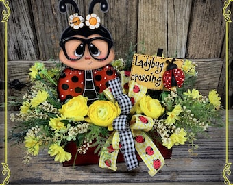 Whimsical Ladybug Floral Centerpiece, Farmhouse cottage Garden Decor, Ladybug decoration, LADYBUG WITH GLASSES, spring, summer arrangement,