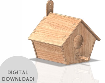 May include: Digital download of a birdhouse design in DXF, SVG, CDR, and PDF formats. The birdhouse is made of wood and has a simple, traditional design.