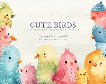 Cute Birds Clipart Set, Digital Downloads, PNG Graphics, Transparent Backgrounds, Watercolor, Nursery Wall Art, Scrapbooking